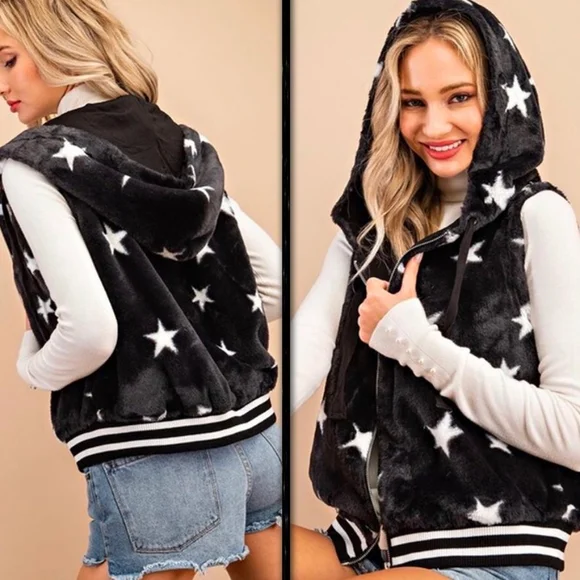BLACK FAUX FUR STAR PRINT ZIP UP HOODED VEST - Picture 5 of 12